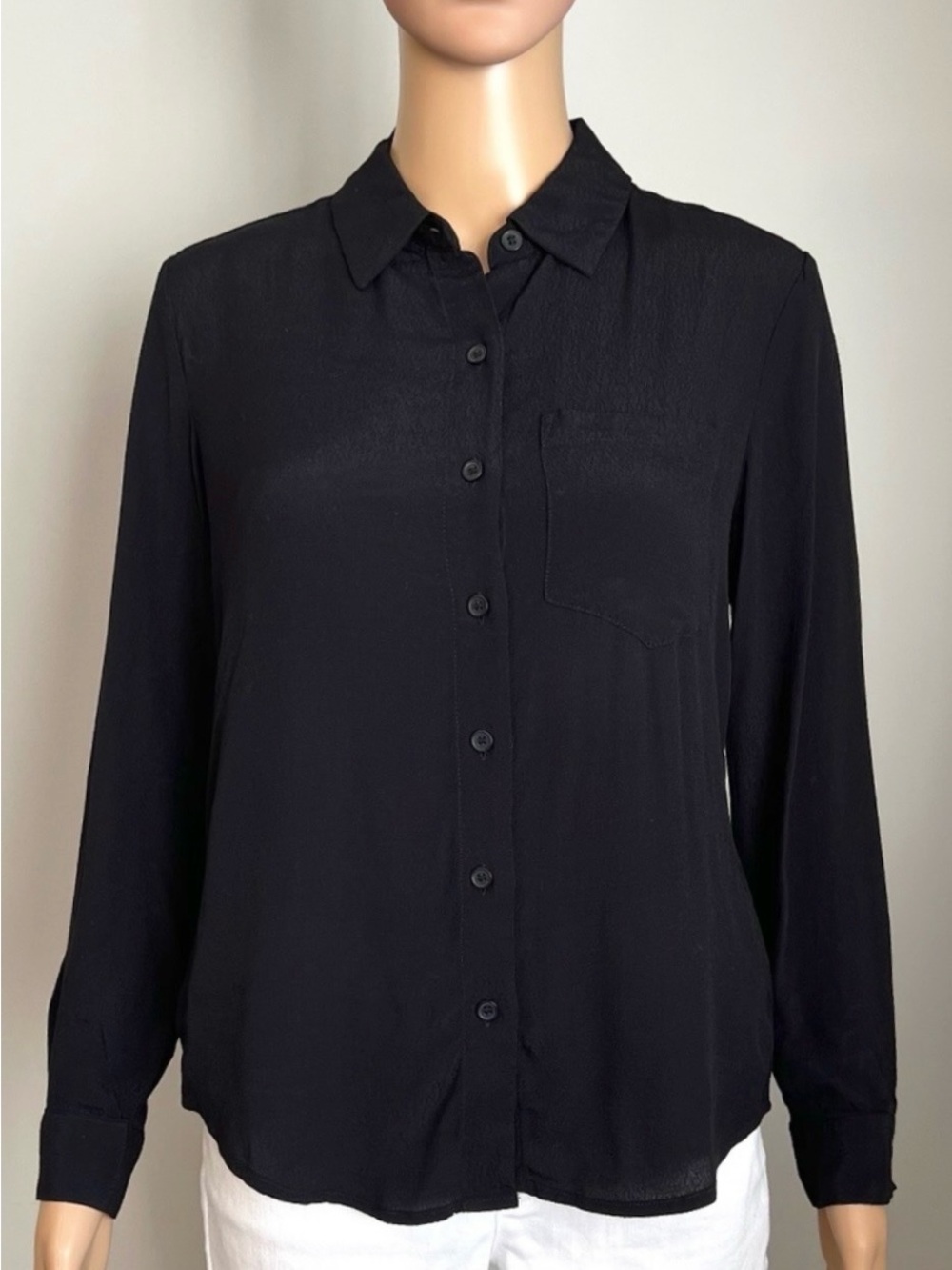 Lord & Taylor Long Sleeve Button Down Pocket Viscose Shirt Black Petite Small